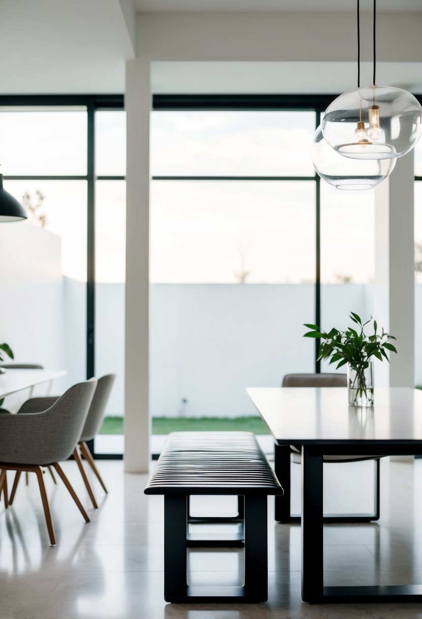 A sleek, modern bench nestled against a clean, uncluttered dining table, surrounded by minimalist decor and open space