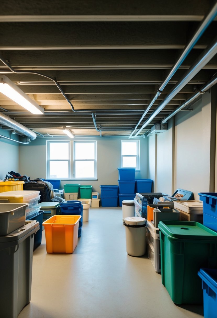 A cluttered basement transformed into an organized, serene space with clear pathways and neatly arranged storage containers. Light streams in through clean windows, creating a sense of calm and order