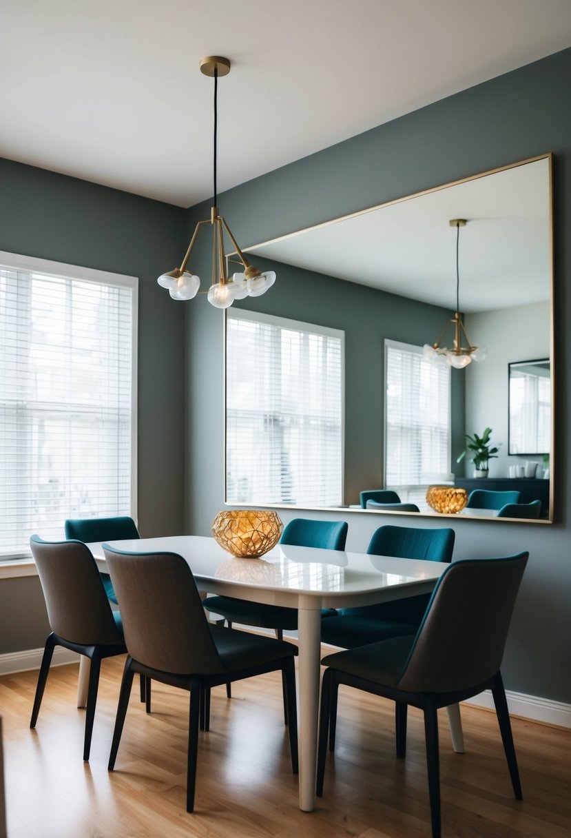 A dining room with a large mirror hung on the wall, reflecting the space and creating a sense of openness and decluttering
