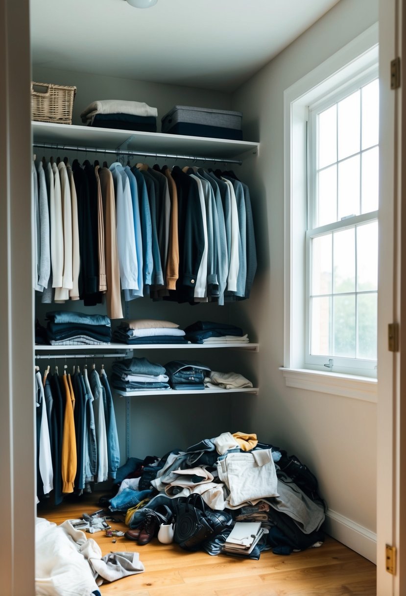 A closet with organized shelves and neatly hung clothes. A pile of discarded items on the floor. Light filtering through the window
