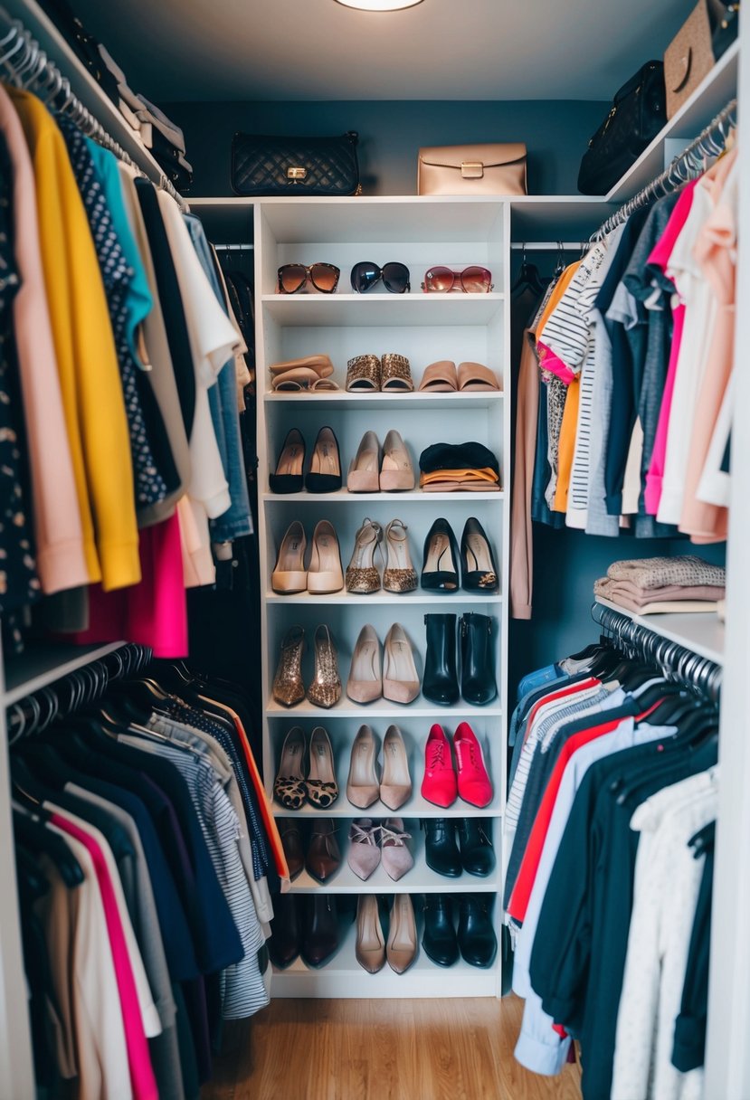 A cluttered closet with clothes and accessories neatly organized for sale on Poshmark