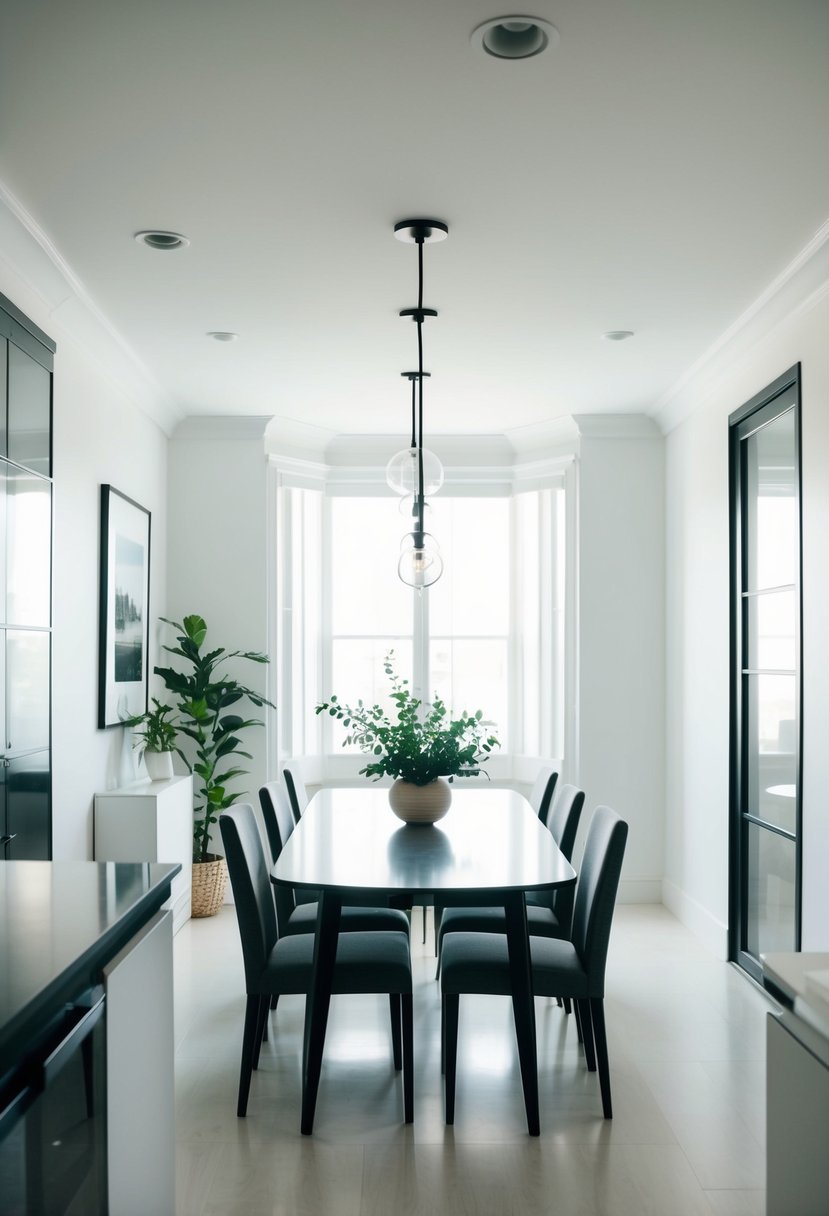 A dining room table surrounded by neatly organized chairs, with minimal decor and clear surfaces, creating a sense of spaciousness and order