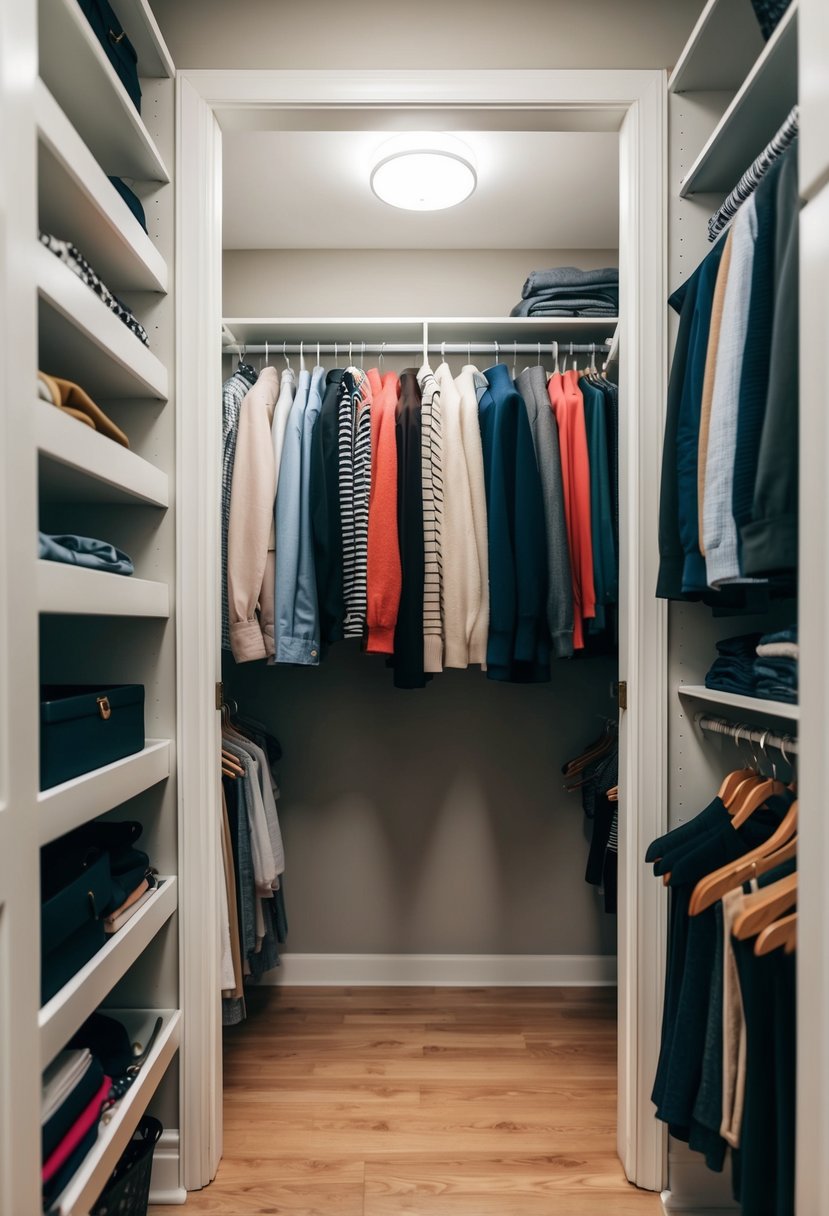 A closet with rotating seasonal clothing being decluttered