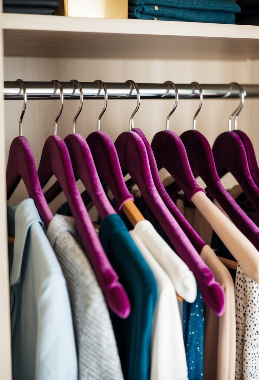 Velvet hangers neatly organized in a spacious closet, with clothes hanging in an orderly and decluttered manner