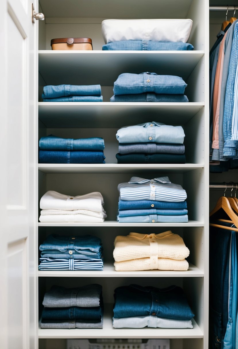 Shelf dividers separate neatly folded clothes in a tidy closet
