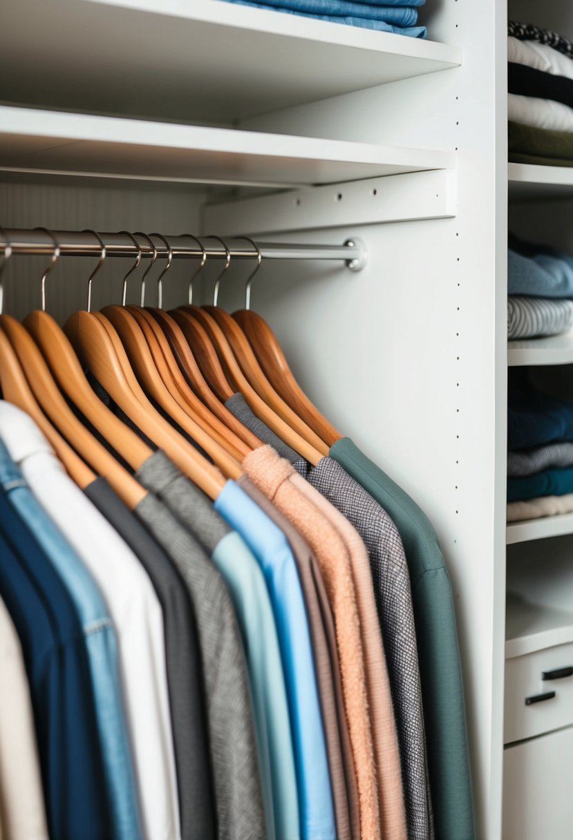 A neatly organized closet with empty hangers and neatly folded clothing