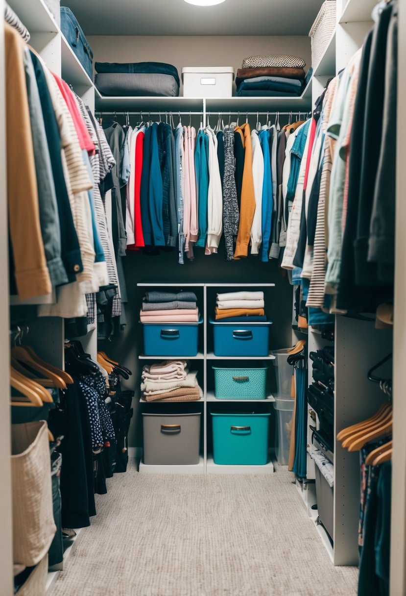 A cluttered closet with clothes organized into piles, bins, and hangers. Empty space and clear pathways indicate effective decluttering techniques